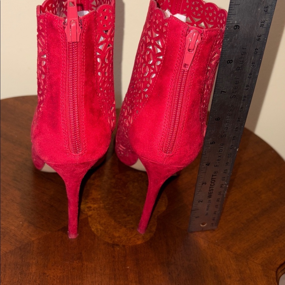 Aldo open toe heeled boots Red suede like cut out Lace look 4โ heel size 7 - Picture 6 of 10